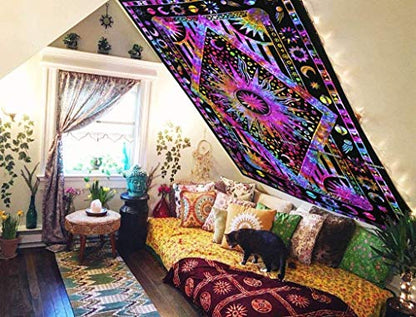ANJANIYA Burning Sun Tie Dye Tapestry, Celestial Sun Moon Star Planet Bohemian Medium Tapestry Tarot Card Wall Hanging Boho Hippie Hippy Beach Coverlet Curtain (Purple Multi, 54"X60") - color: Purple Multi, size: 60"L x 54"W