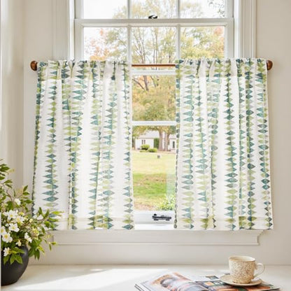 jinchan Sage Green Linen Kitchen Tier Curtains 24 Inch Modern Boho 2 Panels - color: Tribal | Sage Green on Linen, size: 26"W x 24"L (Pack of 2)