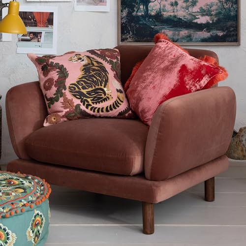 Creative Co-Op Embroidered Tiger and Flowers Cotton Slub Pillow, Multicolor - size: 20” L x 20” W