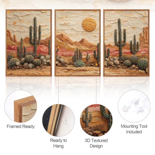 Aurlan 3D Textured Cactus Arizona Desert Framed Canvas Wall Art 24x36 Inch - color: Cactus Desert (3D Textured), size: 24"L x 36"W