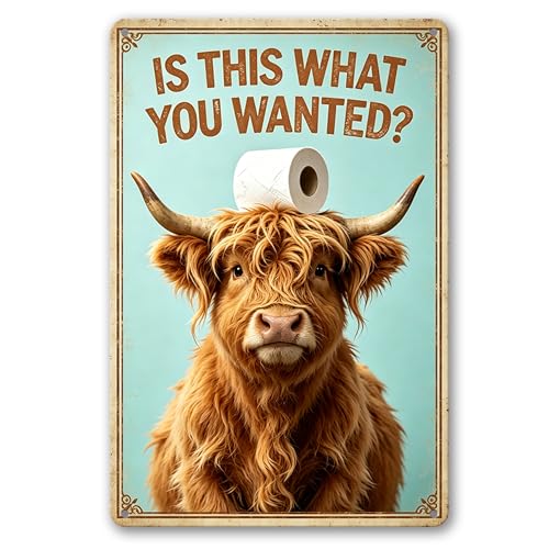 Vintage Funny Highland Cow with Toilet Roll Graphic,Durable Rustproof Aluminum Sign, Country Style Wall Ornament for Lavatory Cabin, Whimsical Bathroom Decor Gift Plaque 8x12 Inch - color: M2030-Cow1-4