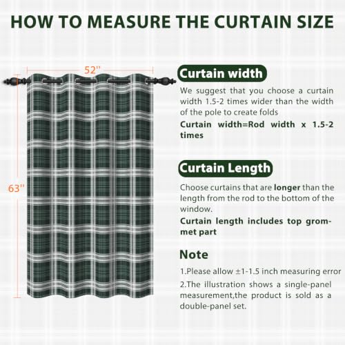 Dark Green Plaid Blackout Curtains 2 Panels, Classic Vintage Checkered Room Darkening Curtains 63 Inches Long, Farmhouse Cottage Gingham Window Drapes for Living Room Bedroom, 52" x 63" - color: Gingham - Green, size: 52"W x 63"L (Pack of 2)