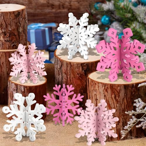 Wooden Snowflake Decorations, 3D Pink Christmas Table Decoration, Set of 12 - color: Pink White, size: 12 set