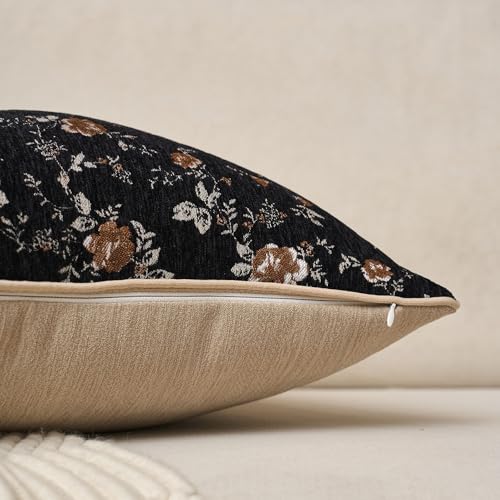 Spring Flower Throw Pillow Cover 24x24 Inches Black Vintage Floral Pillow Cover Farmhouse Summer Cushion Cover Leaf Retro Chenille Pillowcase Home Decor for Sofa Living Room Couch - color: Black, size: 24" x 24" (Pack of 1)