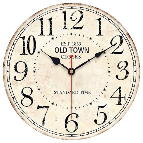 14in Antique Vintage Round Wall Clock Silent Old Town Farmhouse Home Decor - color: Rustic Vintage, size: 14 inch
