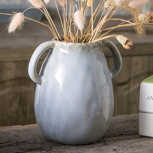 Tanvecle Gray Ceramic Vase with Handles, 7" Modern Farmhouse Decor - color: Gray