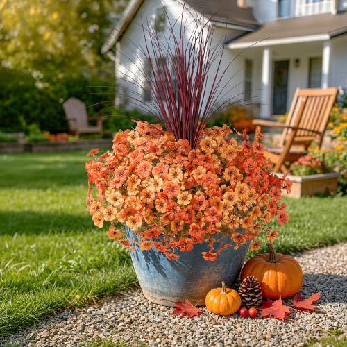 Ivydale Artificial Mums Flowers for Outdoors 12 Pcs + Burgundy Grass - color: Orange Yellow