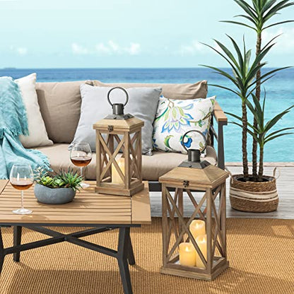 Glitzhome Set of 2 Mondern Farmhouse Wood Metal Decorative Lanterns Hanging Candle Lanterns,Natural (No Glass) - color: Brown