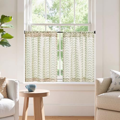 jinchan Green Boho Linen Kitchen Tier Curtains 24 Inch Rod Pocket 2 Panels - color: Arrow | Green on Linen, size: 26"W x 24"L (Pack of 2)