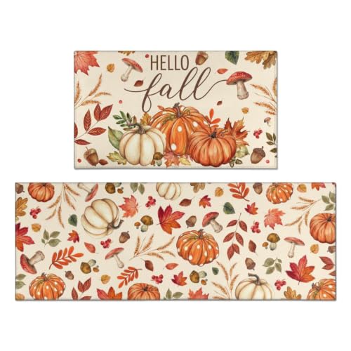 Fall Kitchen Rugs Set of 2,Fall Entrance Door Mats Pumpkin Mushroom Non Slip Kitchen Rug,Washable Anti Fatigue Mat,Kitchen Floor Washable Runner Rug, Autumn Thanksgiving Kitchen Laundry 17x30+17x47In - color: Pumpkin