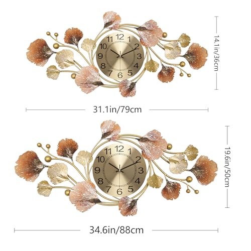 Large Wall Clocks for Living Room Decor with Silent Quartz Movement and 3D Ginkgo Leaf Modern Stylish Decorative Metal Wall Clock for Living Room/Bedroom/Office/Bathroom Wall Art - size: 14''Lx31''W