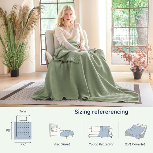 Simple&Opulence 100% Cotton Waffle Weave Blanket, Twin 66"x90", Sage Green - color: Sage Green, size: Twin(66"x90")