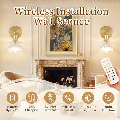 Battery Operated Wall Sconces Set of 2, Clear Tulip Glass Wall Lights | Rechargeable flower wall lamps with remote control, 15 colors, 10-level dimming and timer for bedroom and living room - color: Clear
