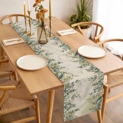 Eucalyptus Leaves Table Runner 48 Inches Long,Sage Green Botanical Leaf Cotton Linen Table Runners Dresser Scarves,Spring Retro Beige Fabric Tabletop Scarf Furniture Cover for Home Dinner Party13 x48 - color: Light Beige Sage Green, size: 13x48 Inches