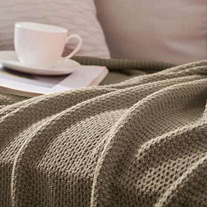 TREELY 100% Cotton Khaki Knitted Throw Blanket 50"x60" - color: Khaki, size: Throw(50" x 60")