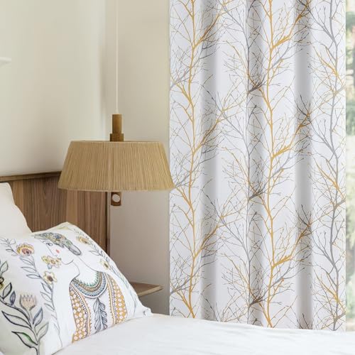 FMFUNCTEX 100% Blackout Mustard Yellow Branch Curtains 84 Inch 2 Panels - color: Grommet | Mustard Yellow, size: 52"W x 84"L (Pack of 2)