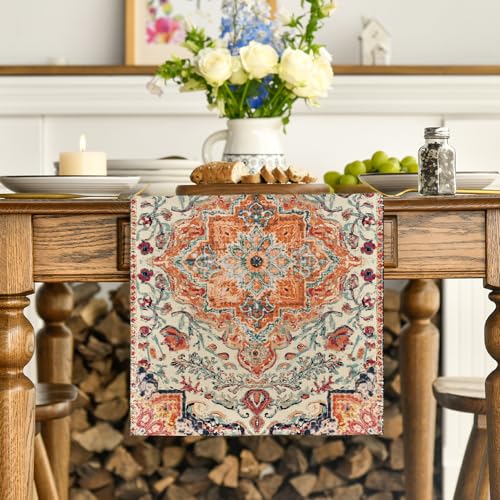 Artoid Mode Boho Bohemia Style Orange Table Runner, Country Rustic Farmhouse Magical Fall Kitchen Dining Table Decoration for Home Party Decor 13x60 Inch - color: Orange, size: 13" x 60", Table Runner