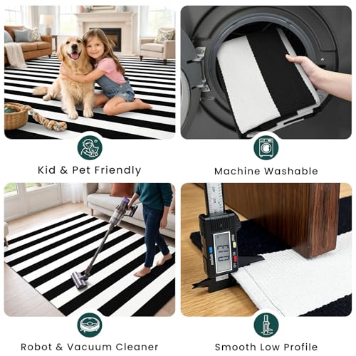 KOZYFLY Black White Striped Runner Rug 2x6 ft Woven Washable Hallway Runner - color: Black and White, size: 2' x 6' (Runner)