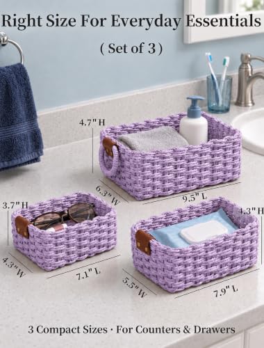 Small Wicker Baskets, 3 PCS Paper Rope Baskets for Shelves, Purple - color: Purple