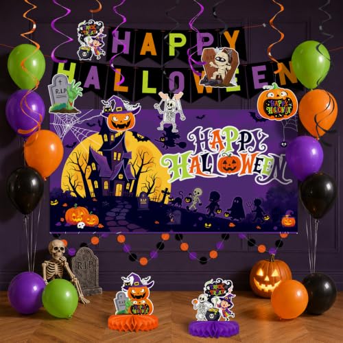 Halloween Decorations Kit, Happy Halloween Banner, Circle Confetti Dots, Hanging Swirl Streamers, Honeycomb Centerpiece and Balloons, Halloween Party Supplies - style: Halloween