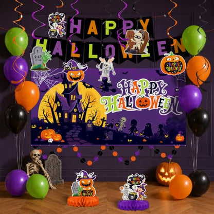 Halloween Decorations Kit, Happy Halloween Banner, Circle Confetti Dots, Hanging Swirl Streamers, Honeycomb Centerpiece and Balloons, Halloween Party Supplies - style: Halloween