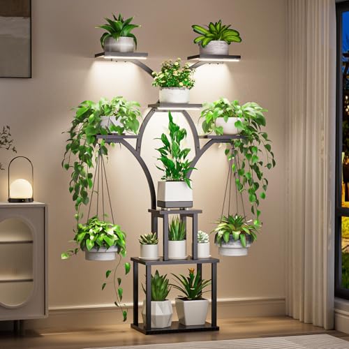 Elbourn Plant Stand Indoor with Grow Light - 8 Tiered 60" Plant Shelf - color: Black
