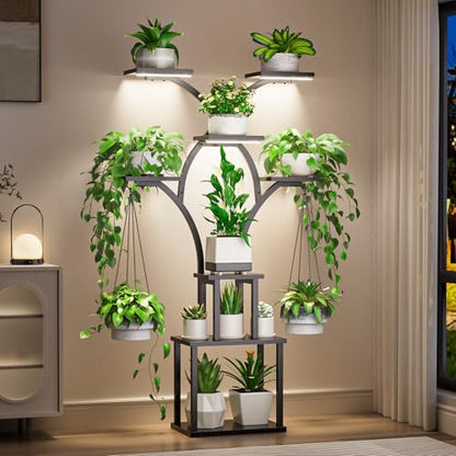 Elbourn Plant Stand Indoor with Grow Light - 8 Tiered 60" Plant Shelf - color: Black
