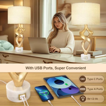 Scenekoy 31” Tall Sculptural Table Lamp Set of 2 with USB Ports for Bedroom - size: 31 inches Gold Leaf -028-SL
