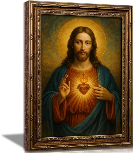 Vintage Framed Canvas Wall Art Sacred Heart of Jesus Paintings Pictures Wall Decor Christian Poster Printing Artwork for Living Room Bedroom Prayer Room Home Decoration 9x11 Inch Ready to Hang - color: Jesus, size: 9"L x 11"W