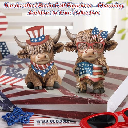 Karenhi 2 Pcs 4th of July Highland Cow Figurines Resin Tabletop Decor - style: 4th of July