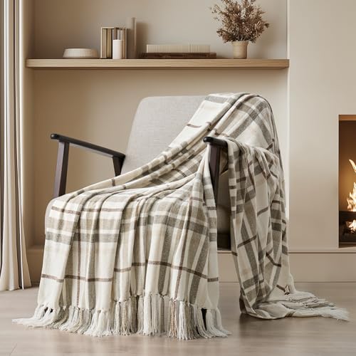 EverGrace Plaid Chenille Knit Throw Blanket for Couch, 60"x80", Beige - color: Plaid Beige & White, size: 60"x80"