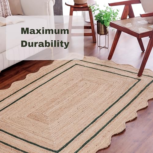 Wave Scalloped Jute Rug Entryway Natural Boho Area Rug Green 2'x4' - color: Emerald Green, size: 2'x4'
