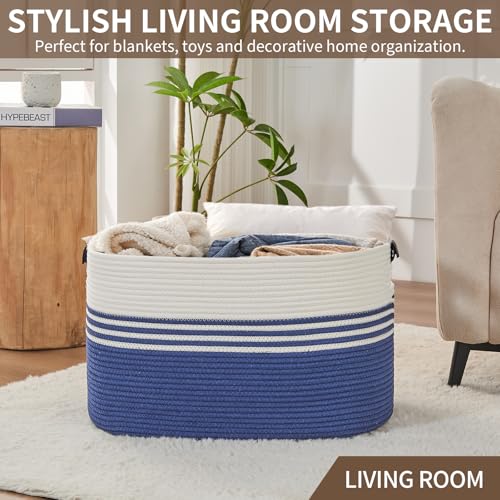 Laundry Hamper with Handles, 72L Rope Laundry Basket, Dark Blue & White - color: Dark Blue & White, size: 72L