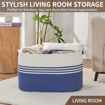 Laundry Hamper with Handles, 72L Rope Laundry Basket, Dark Blue & White - color: Dark Blue & White, size: 72L