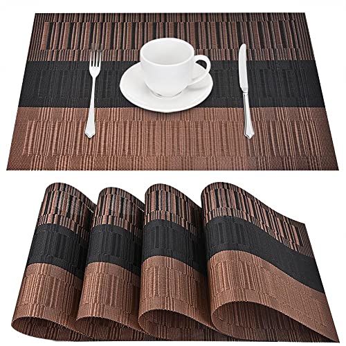 GIVERARE Placemats Set of 4, Heat-Resistant Woven Vinyl Placemat, Non-Slip Washable PVC Table Mat, Easy to Clean Premium Plastic Mats for Dining, Kitchen Table (Black+Brown) - color: Black+brown