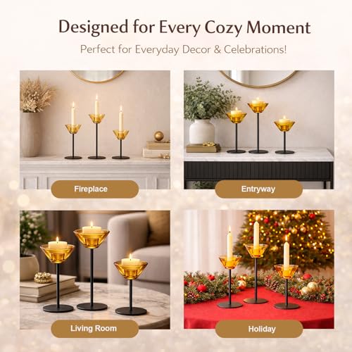 Smytle Amber‑Gold Glass Candlestick Holders with Weighted Black Metal Base, Set of 3 Amber Candle Holders for Both Taper and Tea Light Candles, Boho & Autumn Table Decor, Wedding Centerpiece