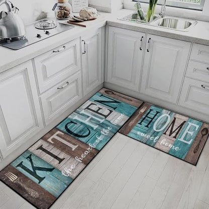 Teal Kitchen Rugs Set of 2 Non Slip Washable Farmhouse Turquoise - color: Rustic Teal Brown