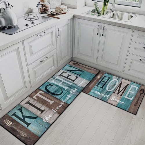 Teal Kitchen Rugs Set of 2 Non Slip Washable Farmhouse Turquoise - color: Rustic Teal Brown