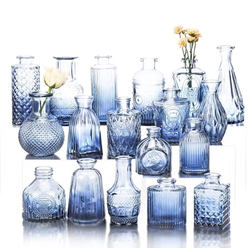 Fixwal Set of 18 Blue Bud Vases for Flowers, Vintage Clear Glass Vases Small Vases for Centerpieces for Home Table Decor Rustic Wedding Decorations - color: Blue, size: 18pcs