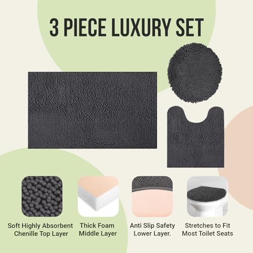 ITSOFT Standard 3pc Non-Slip Shaggy Chenille Bathroom Mat Set, Includes 24"x21" U-Shaped Contour Toilet Rug, 34"x21" Inches Bathmat and 1 Toilet Lid Cover, Beige - color: Beige, size: 24''x21’’, 34’’x21’’ and TLC (Set)