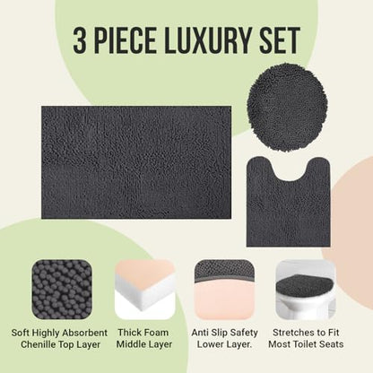 ITSOFT Standard 3pc Non-Slip Shaggy Chenille Bathroom Mat Set, Includes 24"x21" U-Shaped Contour Toilet Rug, 34"x21" Inches Bathmat and 1 Toilet Lid Cover, Beige - color: Beige, size: 24''x21’’, 34’’x21’’ and TLC (Set)