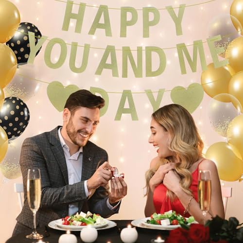 Yancan Gold Glitter Happy Anniversary Banner Wedding Engagement Valentine Day Paper Banner Husband Wife Anniversary Party Decoration