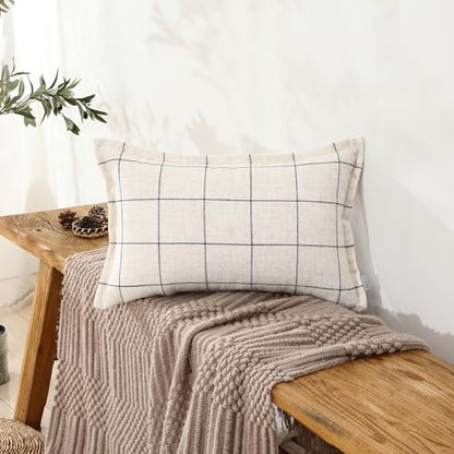 Pure Linen Plaid Throw Pillow Covers 22x22, Set of 2, White - color: White, size: 22x22inch