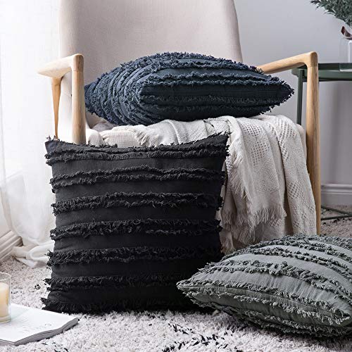 MIULEE Boho Linen Striped Throw Pillow Covers 18x18, Dark Grey - color: Dark Grey, size: 18" x 18" (Pack of 2)
