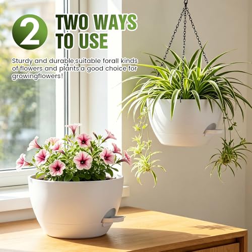 12 Inch Large Self Watering Hanging Planters 2 Pack with Saucers - color: White, size: 12 Inch 2 Pack