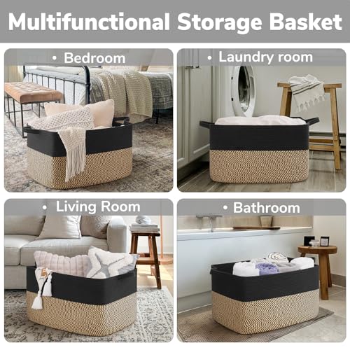 Goodpick 75L Extra Large Woven Blanket Basket, 22" x 17" x 12", Black Jute - color: Black, size: 22"L x 17"W x 12"H
