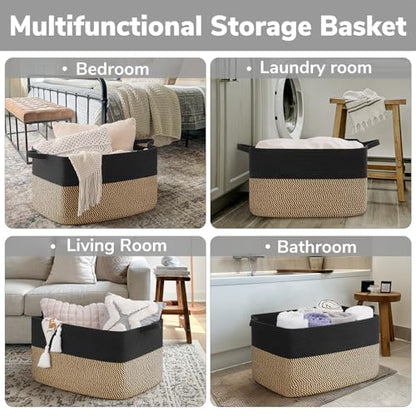Goodpick 75L Extra Large Woven Blanket Basket, 22" x 17" x 12", Black Jute - color: Black, size: 22"L x 17"W x 12"H