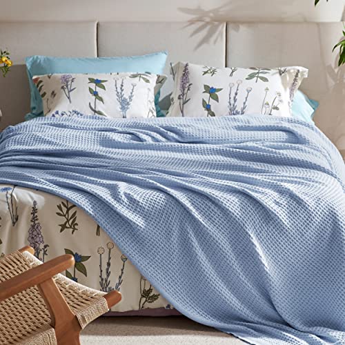 Bedsure 100% Cotton Blanket, Waffle Weave, Queen Size, Light Blue, 90"x90" - color: 09 Light Blue, size: Queen (90" X 90")