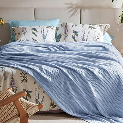 Bedsure 100% Cotton Blanket, Waffle Weave, Queen Size, Light Blue, 90"x90" - color: 09 Light Blue, size: Queen (90" X 90")