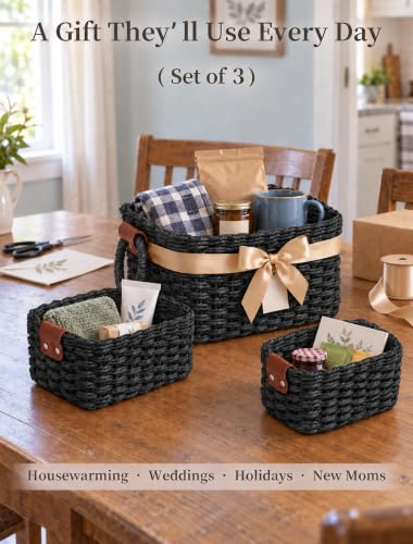 Small Wicker Baskets, 3 PCS Paper Rope Baskets for Shelves, Black - color: Black